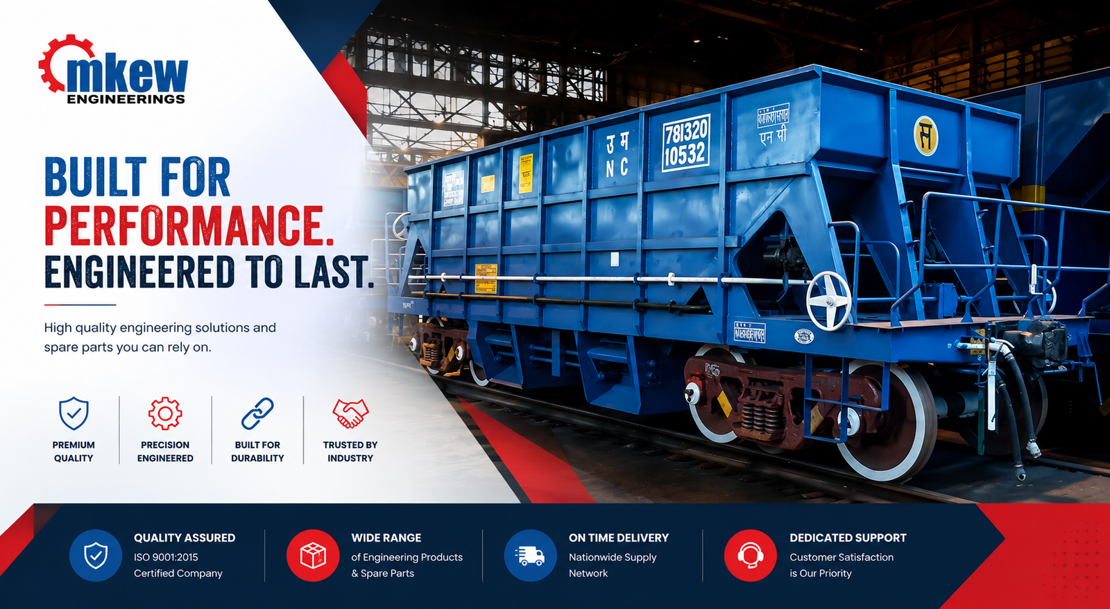 MKEW Enginerings - built for performance, engineered to last. Railway wagon components, engineering products and spare parts. ISO 9001:2015 certified, nationwide supply network.
